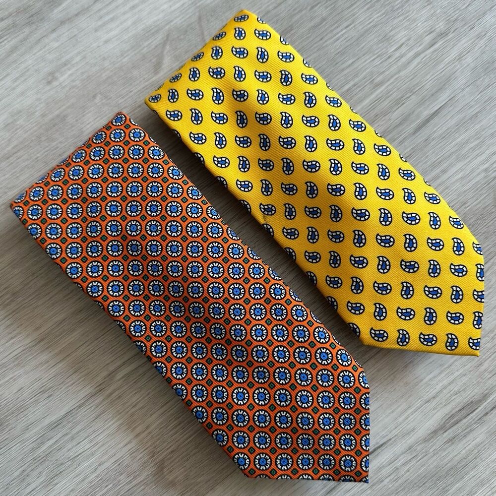 Polo Ralph Lauren 100% Silk Patterned Ties - Orange Pattern & Yellow Paisley